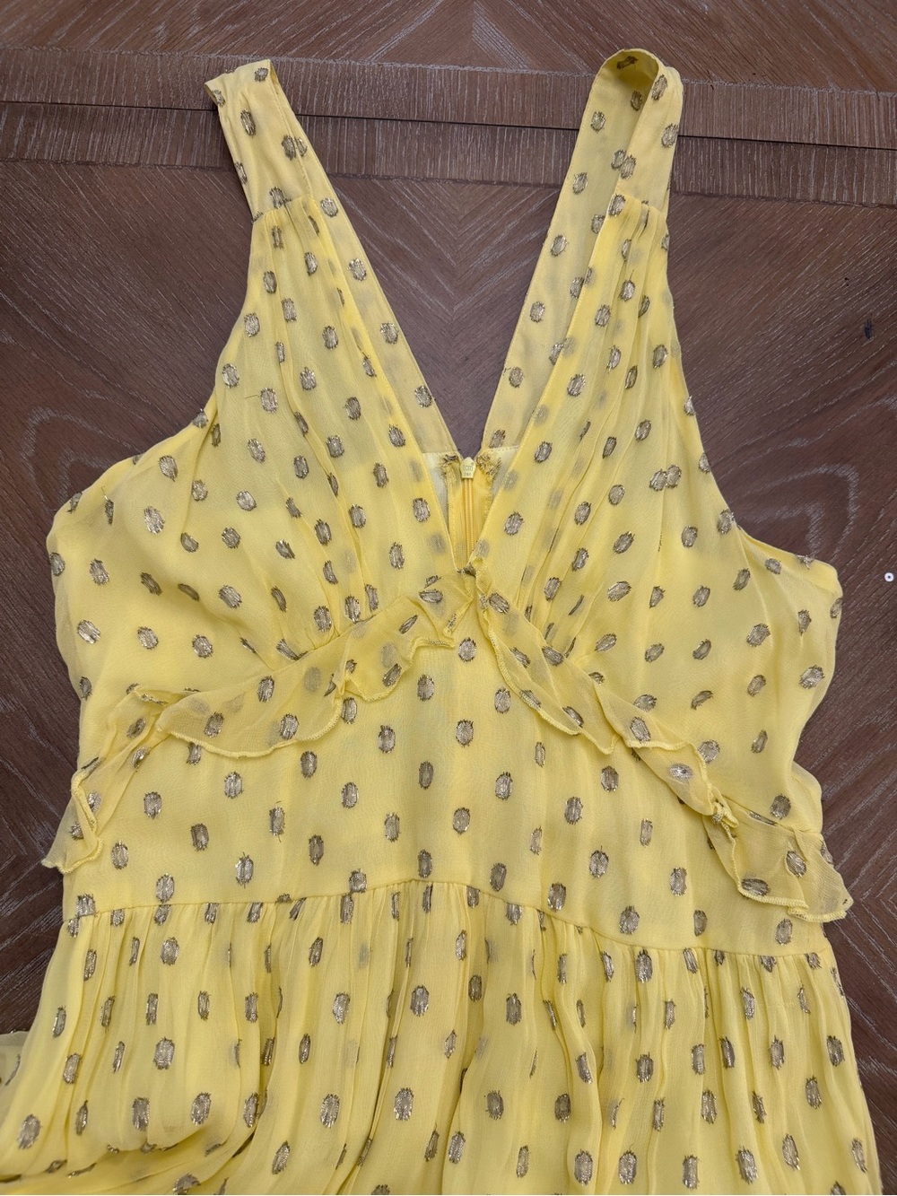 En Creme Yellow Metallic Dot V-Neck Ruffle Dress